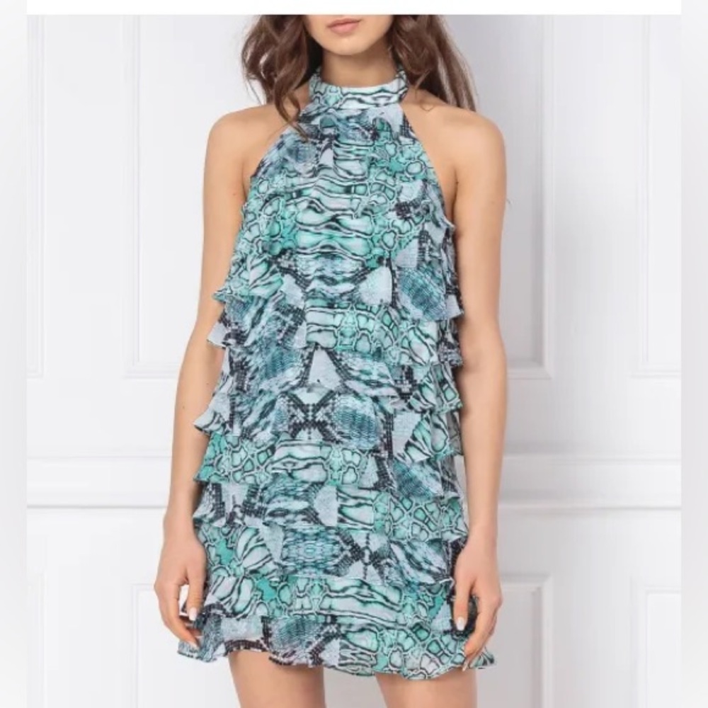 MARCIANO "COME HITHER RUFFLE DRESS" HALTER MINI SIZE M - Picture 2 of 9